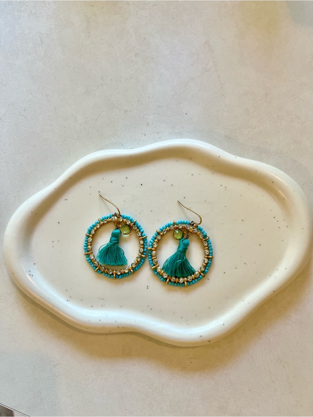 Anthropologie Teal Beaded Hoop Tassel Earrings with Gold Accents
